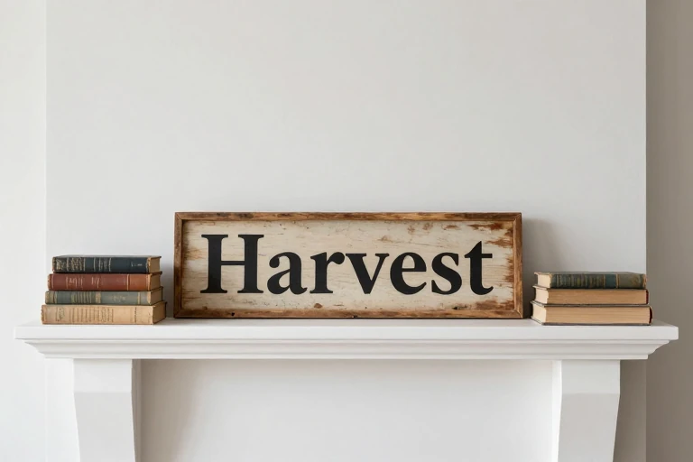 An antique wooden sign and weathered books displayed on a mantle.