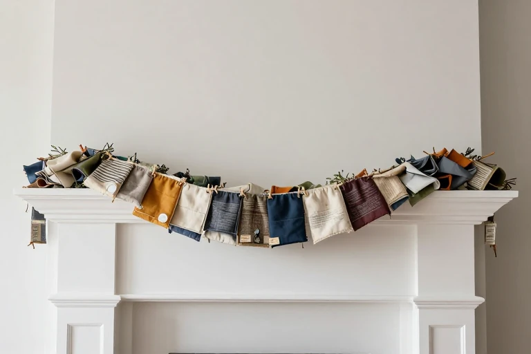 A GRS‑certified recycled fabric garland on a mantle.
