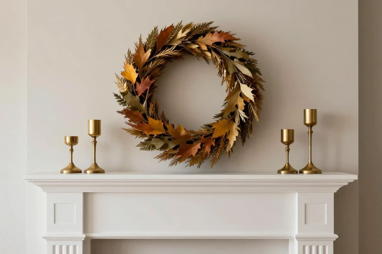 Mantle with gold accents added to a fall décor base.