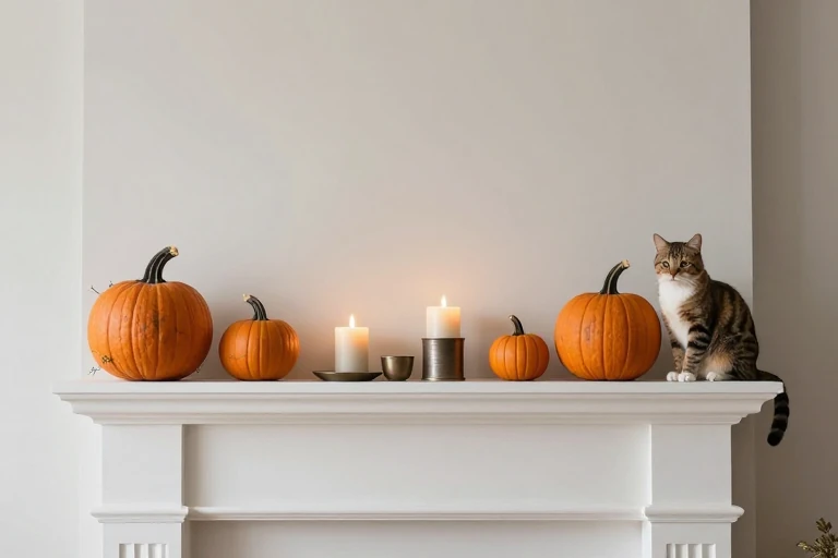 A pet‑safe mantle arrangement with secured items.
