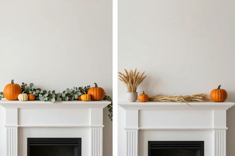 A mantle before and after a quick seasonal swap.