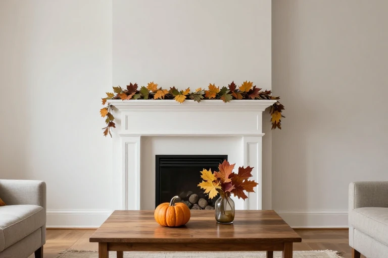 Coffee table styled with matching fall elements to the mantle.