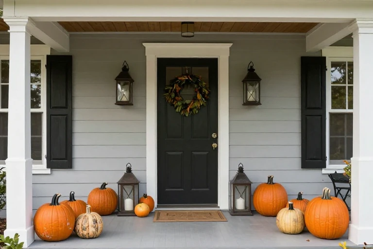 Front porch with fall décor echoing mantle elements.