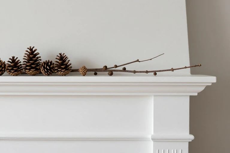 A collection of pinecones, seed pods, and twigs arranged on a mantle.