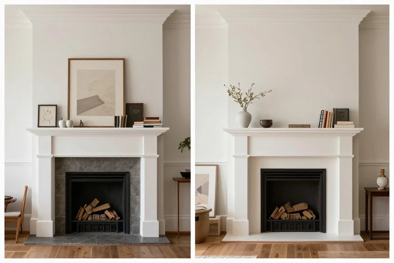 A cluttered mantle contrasted with a balanced arrangement.