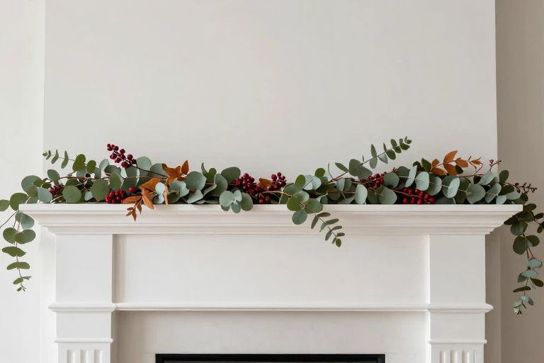 A garland of eucalyptus, berries, and autumn leaves draped across a mantle.