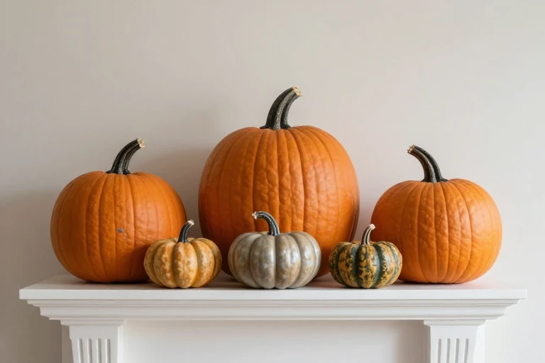 Various sized pumpkins and gourds arranged on a mantle with a tiered layout.