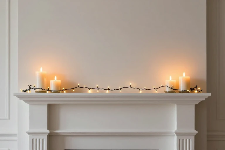Flameless candles and amber string lights arranged on a mantle.