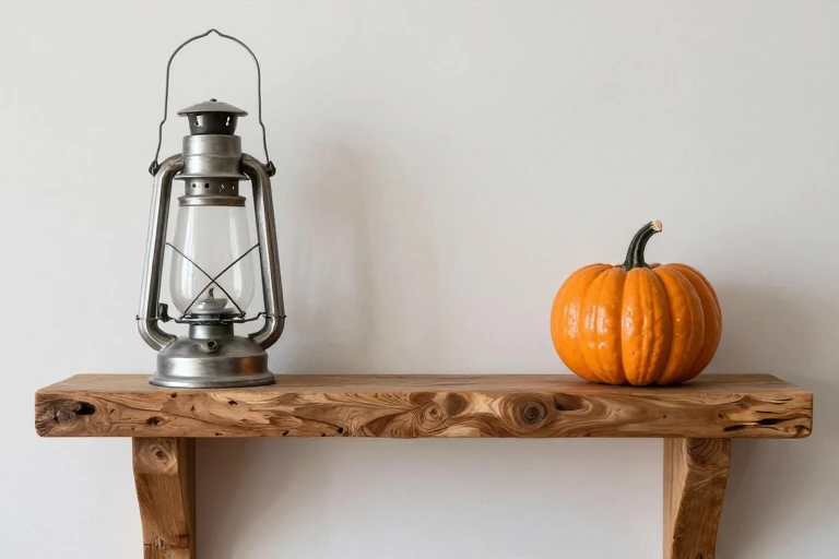 Wooden log, metal lantern, and ceramic pumpkin displayed together on a mantle.