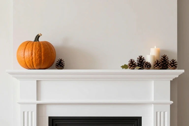 An asymmetrically balanced mantle with a large pumpkin on one side and a cluster of small items on the other.