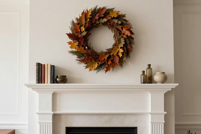 A large autumn wreath as the centerpiece on a mantle.
