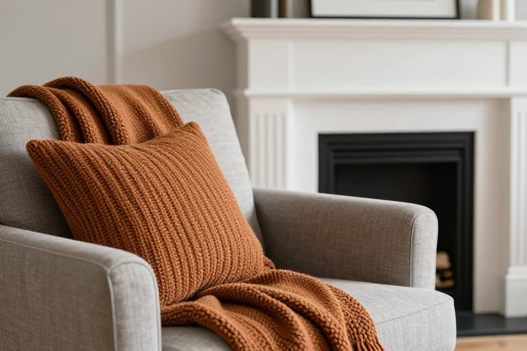 A wool throw and knitted pillow covers placed near a mantle.