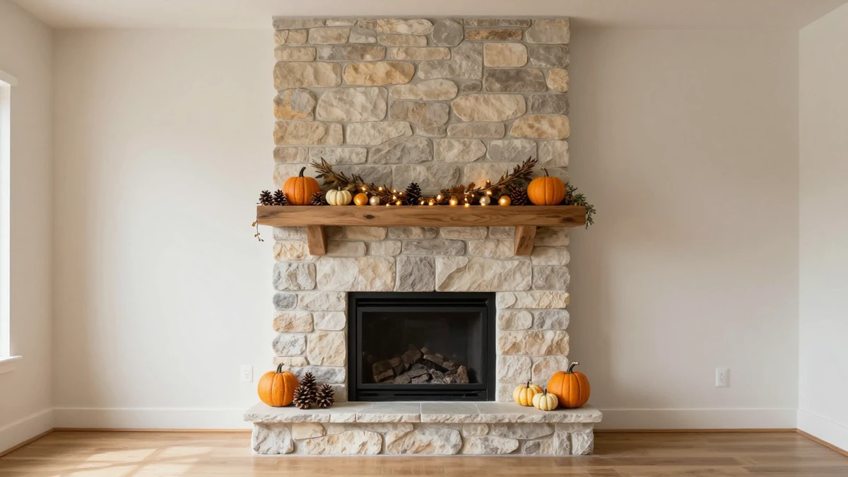 A spacious living room with a fireplace mantle dressed in autumn décor, showing a balanced mix of pumpkins, garlands, and warm lighting.