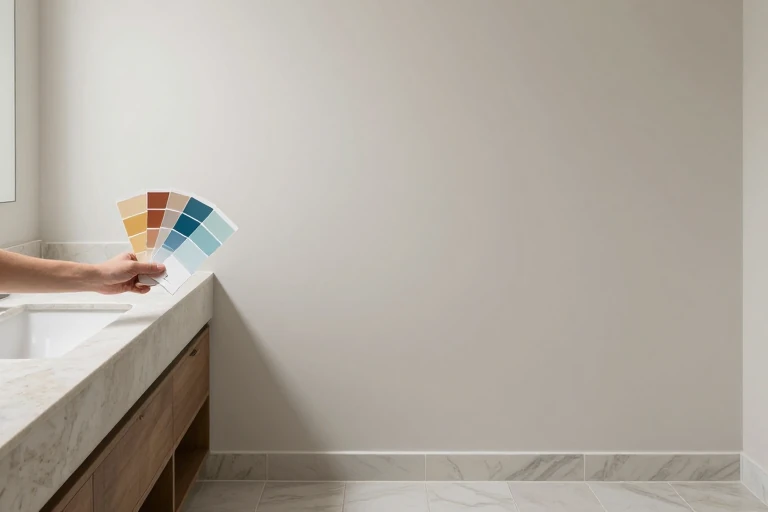 Paint swatches being compared with bathroom tile and countertop finishes