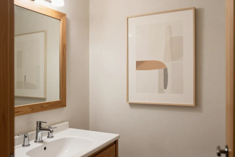 Sealed abstract artwork positioned away from a bathroom splash zone