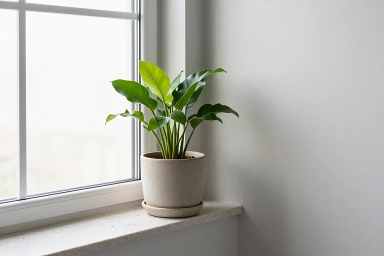 Potted plant being placed near indirect bathroom daylight
