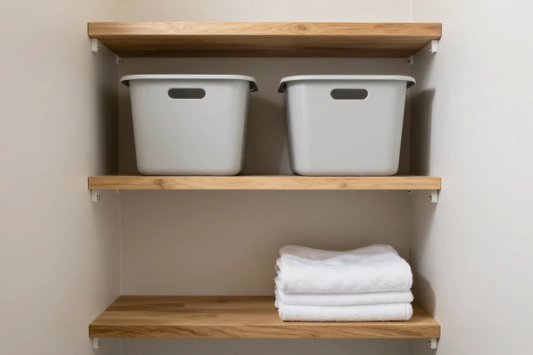 Shallow open bathroom shelves holding towels and one storage bin