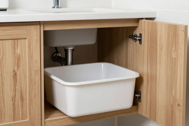 Removable storage bins fitted around under-sink plumbing