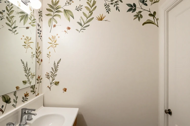 Botanical wallpaper being applied to a dry powder room wall