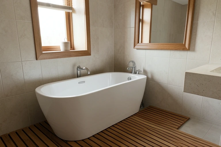 Wood bath mat being lifted to dry beside a matching mirror frame