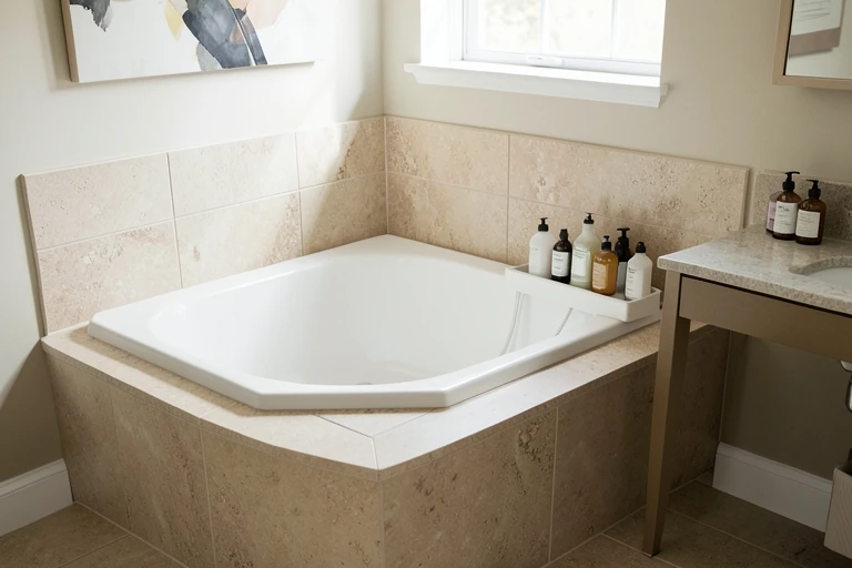 Bath products consolidated in a removable tray away from the tub entry