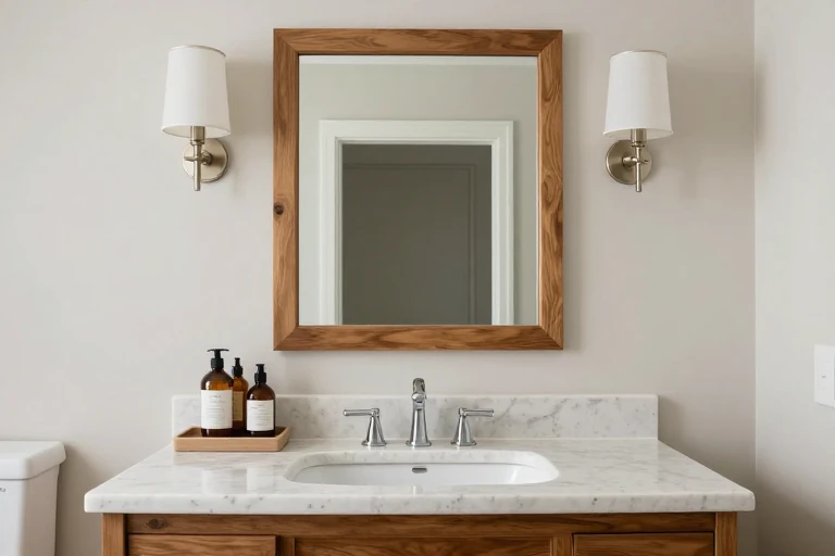 Organized vanity with a centered mirror, sconces, and a compact toiletries tray