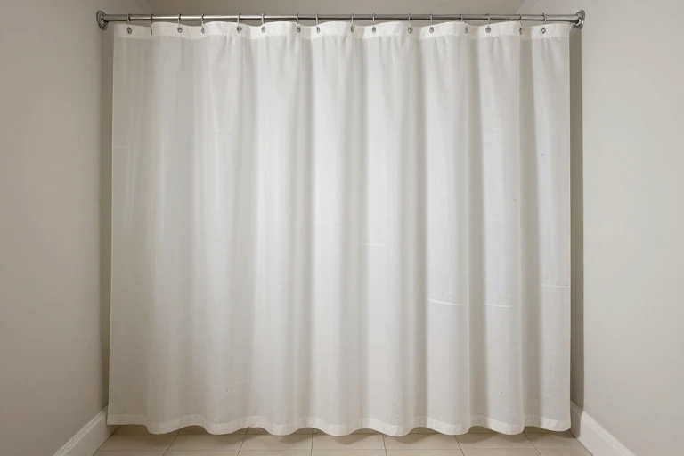 Patterned shower curtain hanging fully spread above the bathroom floor