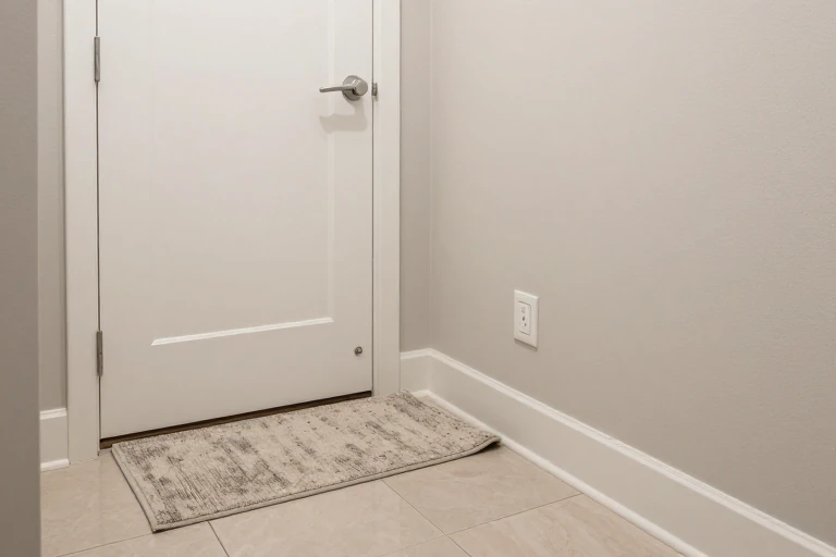 Bathroom rug and countertop clutter being moved away from functional areas