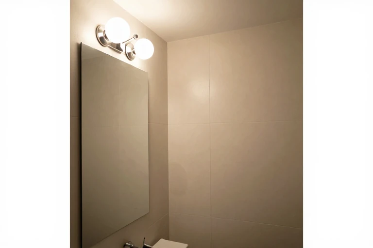 Bathroom combining mirror-side task lighting with soft overhead illumination