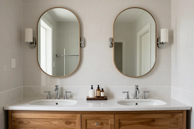 Rounded mirrors being positioned above a double bathroom vanity