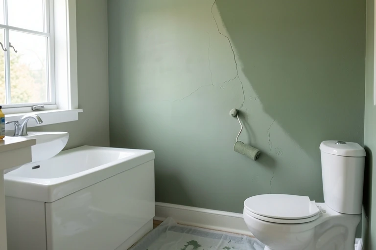 Muted green paint being applied to a prepared bathroom wall