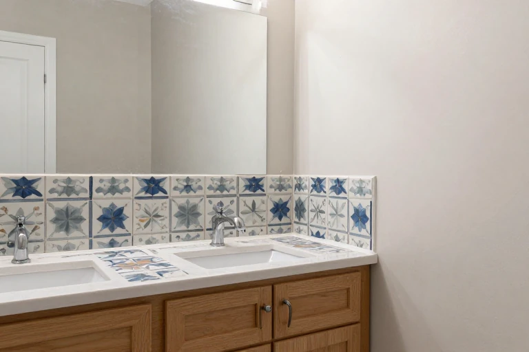Patterned porcelain tile confined to a bathroom vanity backsplash