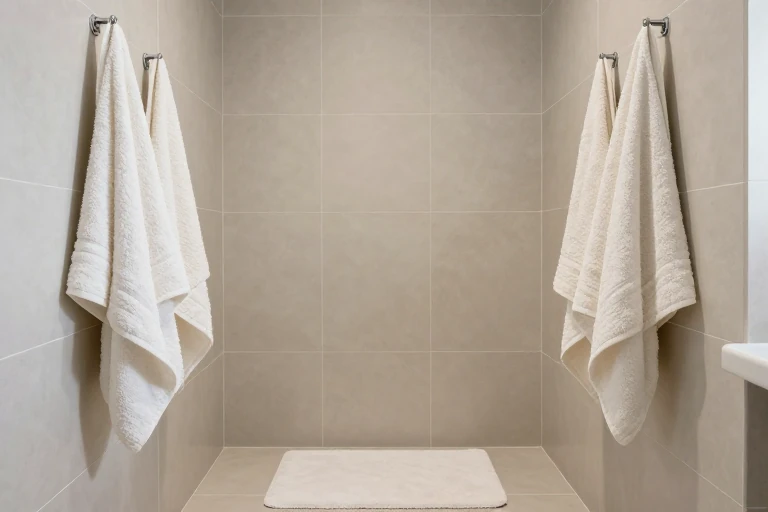 Washable towels and a low-profile bath mat warming a tiled bathroom