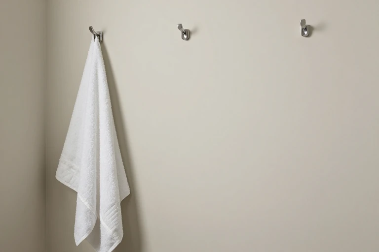 Spaced towel hooks installed beside a shower exit