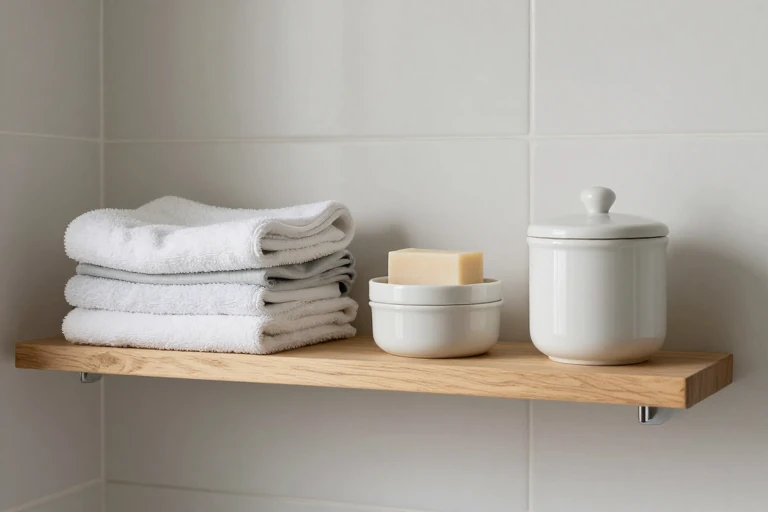 Bathroom supplies arranged in simple lidded containers on one shelf