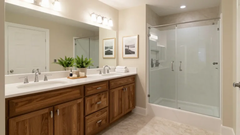 Warm, functional bathroom with a walnut vanity, glass shower, layered lighting, and coordinated decor