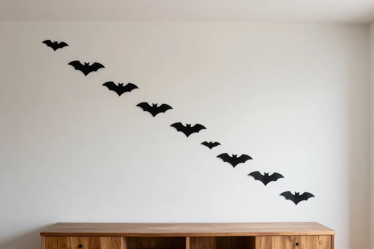 Black wall bats arranged in a rising diagonal flight path