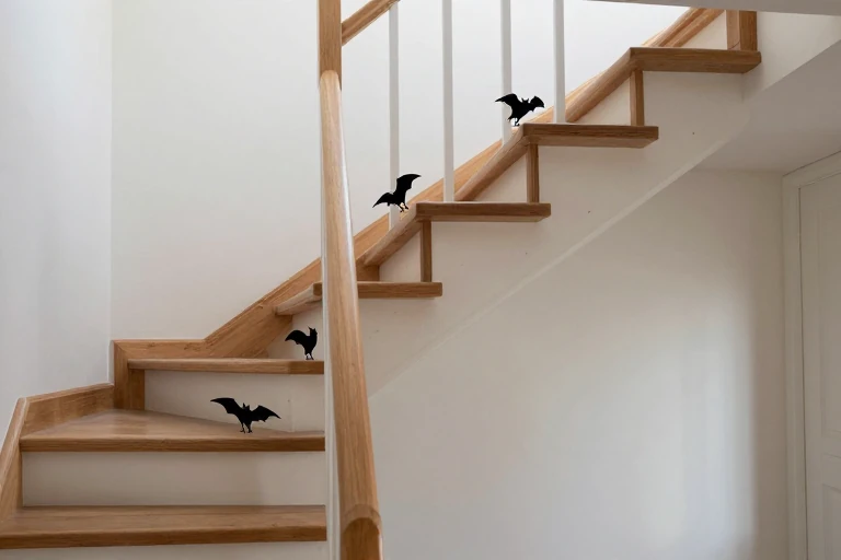 Bat silhouettes following the upward line of a staircase