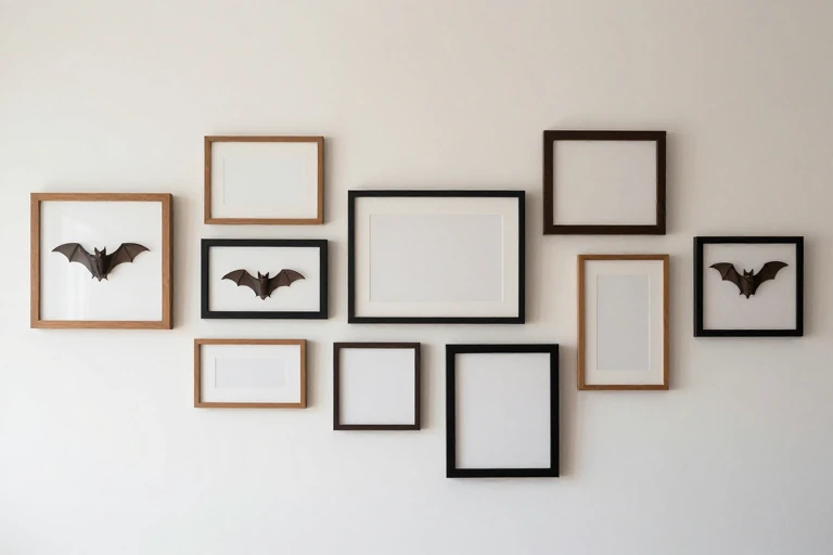 Dimensional bats placed between frames on a gallery wall