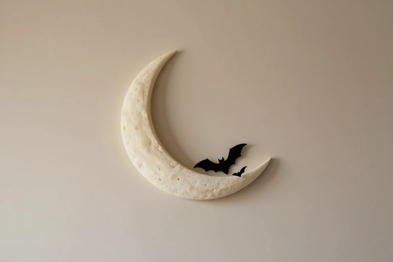 Black bats crossing an off-center crescent moon decoration