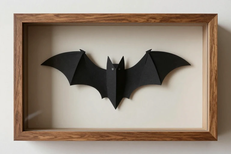 Layered paper bats arranged inside a deep shadow box