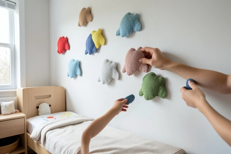 Adult securing soft felt bats in a child’s bedroom