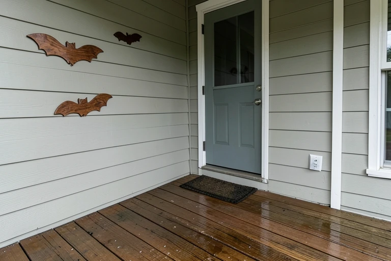 Weather-resistant wood bats secured on a sheltered porch
