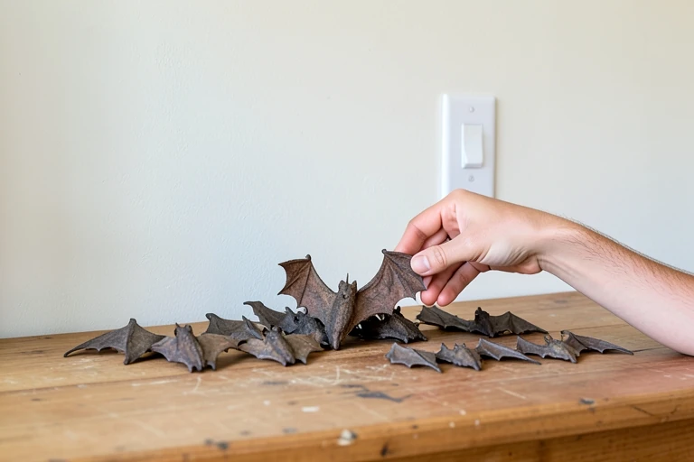 Decorator correcting an evenly spaced bat display near a switch