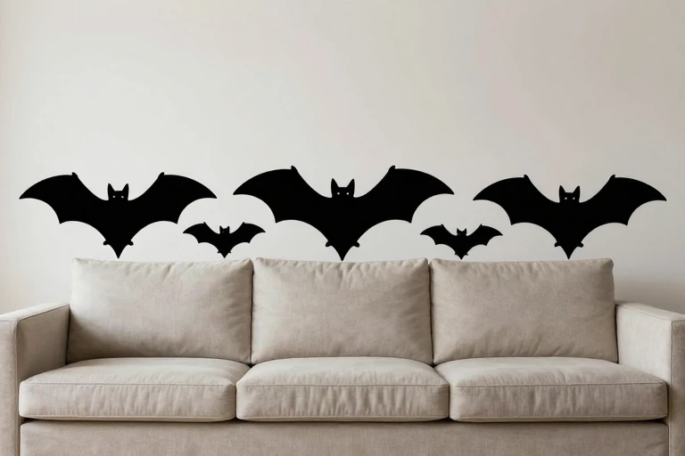 Mixed-size bat decor scaled to a long sofa