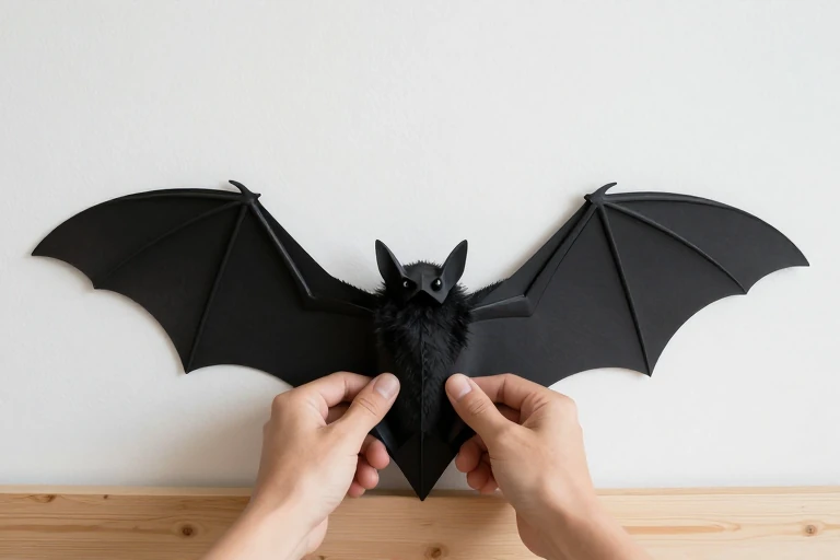 Cardstock bat being folded to create dimensional wings