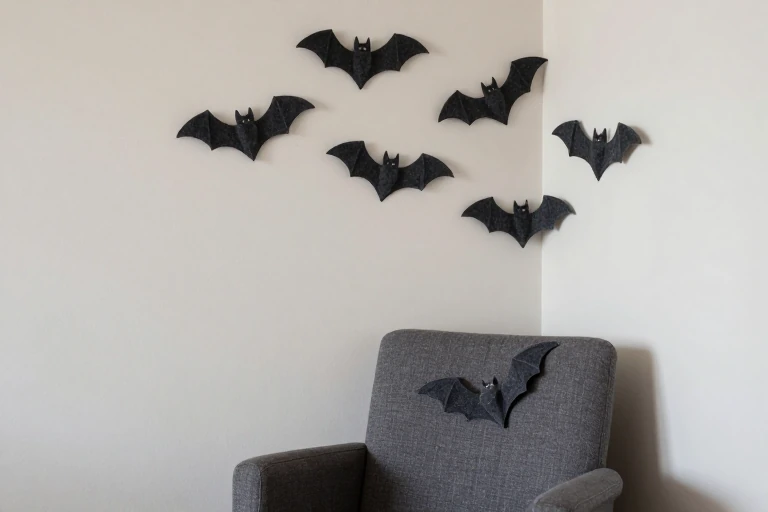 Soft felt bats displayed above a reading chair