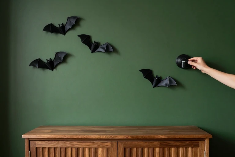 Tonal black bats casting shadows on a deep green wall