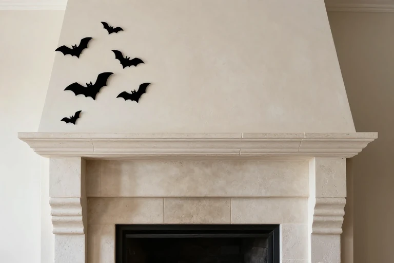 Asymmetrical bat display rising beside a fireplace