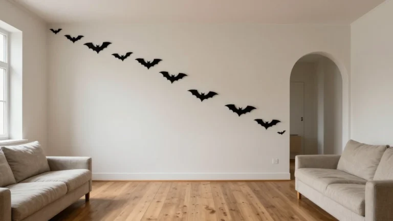 Wide living room with black bat wall decor sweeping toward an archway